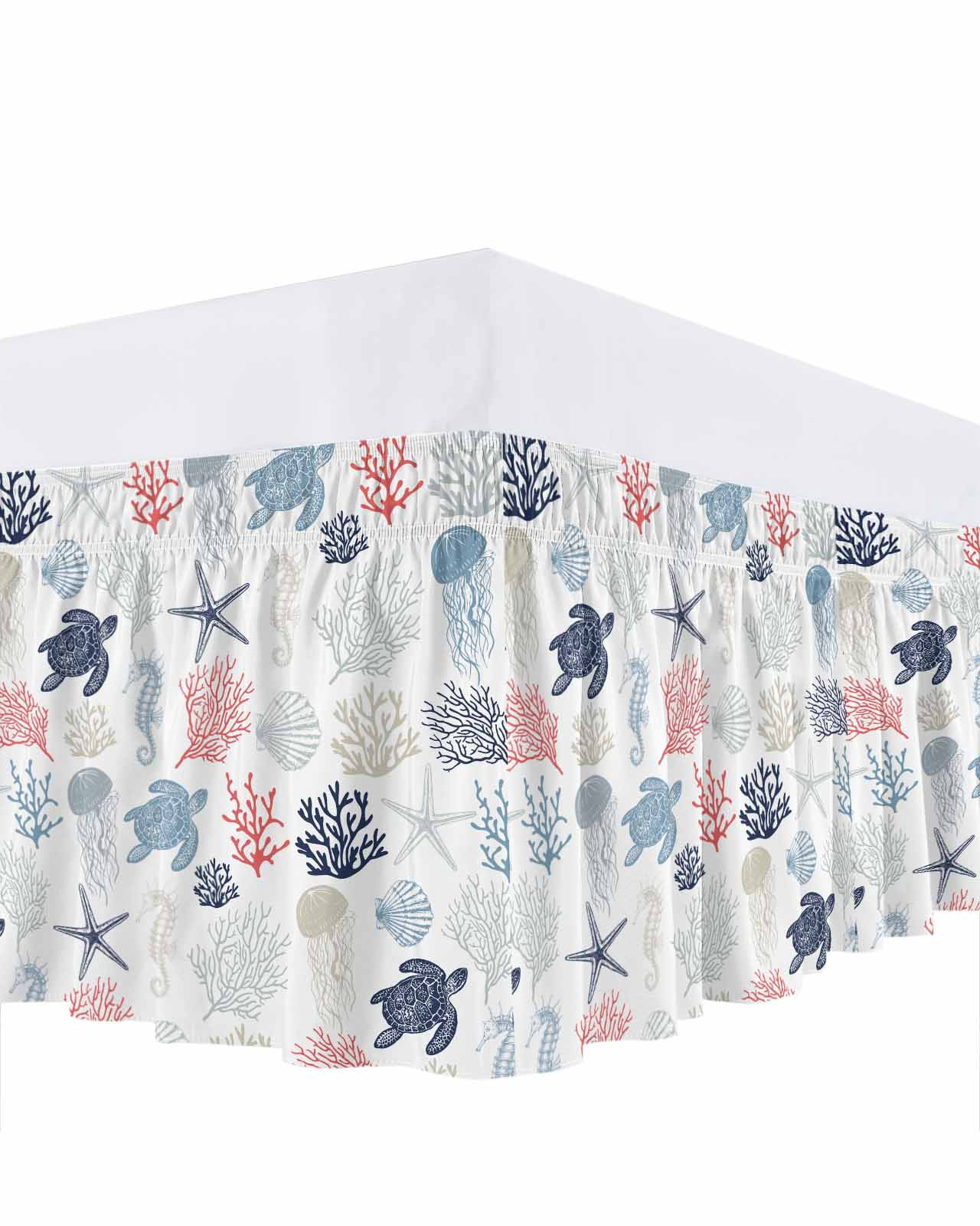 Blue Red Coastal Bed Skirt King Size, Nautical Summer Beach Coral Sea Turtle Wrap Around Bed Skirting with Adjustable Elastic Strap, Dust Ruffled Pleated Bedskirts 18 Inch Drop for Bedroom King Beds