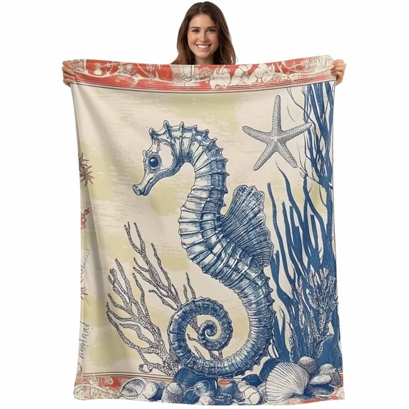 Blue Red Coastal Blanket Soft Cozy Warm Throw Blanket for Couch, Plush Fuzzy Flannel Fleece Blankets for Sofa, Beach Starfish Coral Vintage Seahorse Bed Blankets Lightweight Gifts for Women, 40"x50"