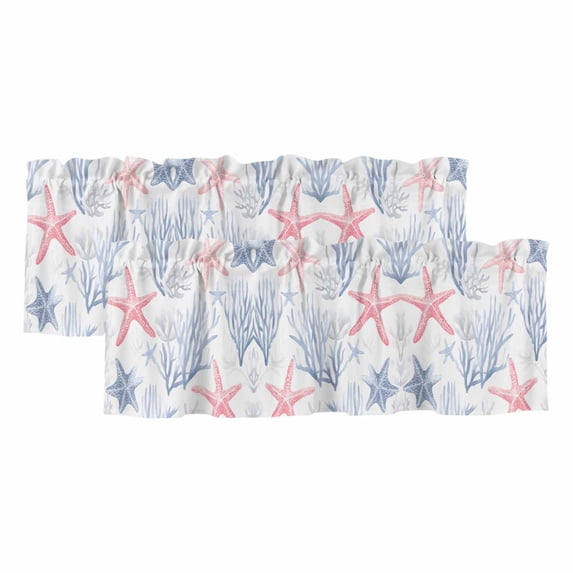 Blue Red Coastal Curtain Valances for Windows, Kitchen Valance Window Treatments Panel 2 Pack, Summer Beach Starfish Coral Nautical Rod Pocket Short Curtains for Bathroom Bedroom 60 x 18 Inch