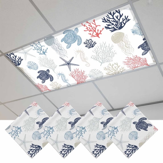 Blue Red Coastal Fluorescent Light Covers, Nautical Summer Beach Coral Sea Turtle Magnetic Light Covers for Ceiling Lights, Fluorescent Ceiling Shade Filters for Classroom Bedroom Office 4x2Ft x 4PCS