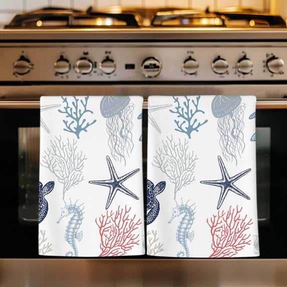 Blue Red Coastal Kitchen Towels Set of 1, Nautical Summer Beach Coral Sea Turtle Absorbent Dish Towels for Kitchen, Microfiber Hand Towel, Quick Drying Tea Towel for Cleaning Decorative Dishcloths