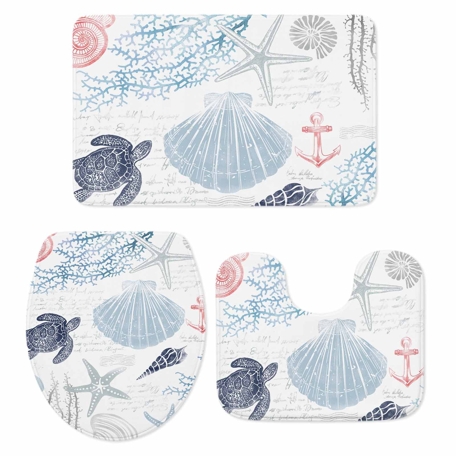Blue Red Coastal Nautical Bath Mat 3 Piece Bathroom Rug Set,Beach Sea ...