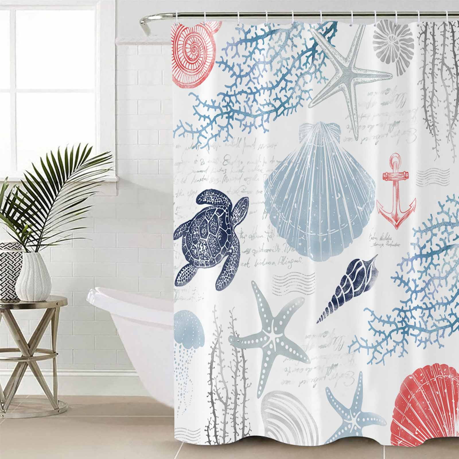 Blue Red Coastal Nautical Bathroom Curtain 96 Inch Shower Curtain with ...