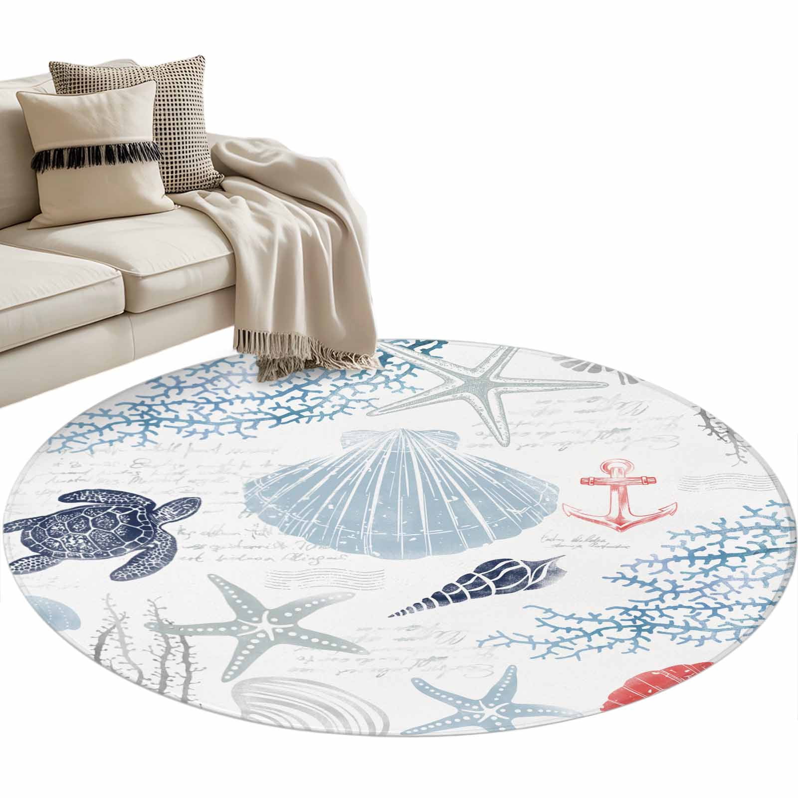 Blue Red Coastal Nautical Round Area Rug 3 FT, Small Kitchen Bathroom ...