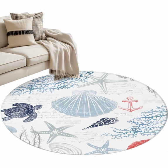 Blue Red Coastal Nautical Round Area Rug 3 FT, Small Kitchen Bathroom Mat, Beach Sea Turtle Ocean Coral Starfish Washable Indoor Outdoor Throw Runner Carpet Doormat for Table Shower Sofa Entryway