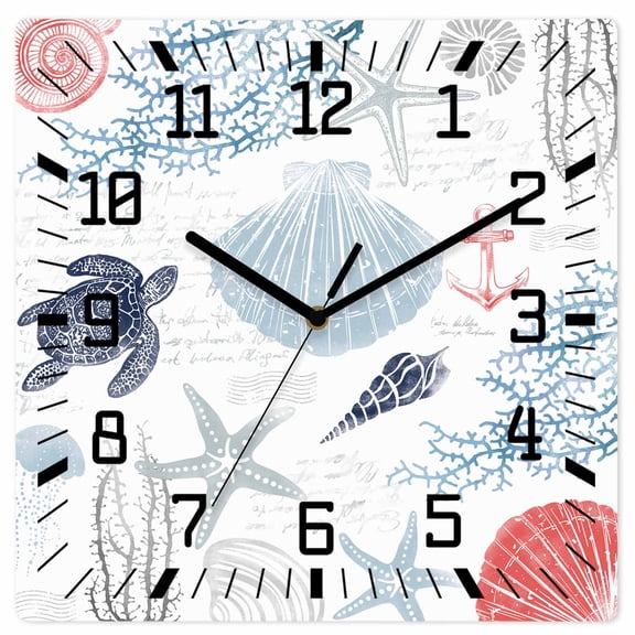 Blue Red Coastal Nautical Wooden Wall Clock Silent Non Ticking, Beach Sea Turtle Ocean Coral Starfish Square Wall Clocks Battery Operated, Decor Clock for Home Office, Living Room, Kitchen, 12 Inch