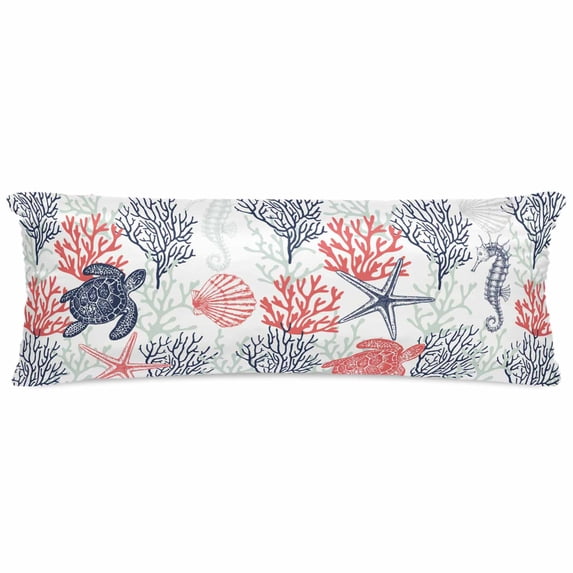 Blue Red Coastal Pillow Cases Body Size, Smooth Satin Pillowcase for Hair and Skin, Sea Turtle Nautical Coral Summer Beach Decorative Cooling Bed Pillow Covers with Zipper, 20x54 Inches