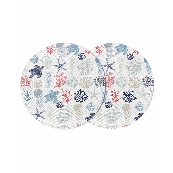 Blue Red Coastal Round 13 Inch Placemats Set of 2, Nautical Summer Beach Coral Sea Turtle HeatResistant Non Slip Place Mats for Dining Table, Wipeable Braided Kitchen Table Mats for Housewarming