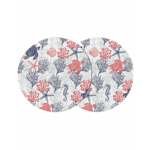 Blue Red Coastal Round 13 Inch Placemats Set of 2, Sea Turtle Nautical Coral Summer Beach HeatResistant Non Slip Place Mats for Dining Table, Wipeable Braided Kitchen Table Mats for Housewarming