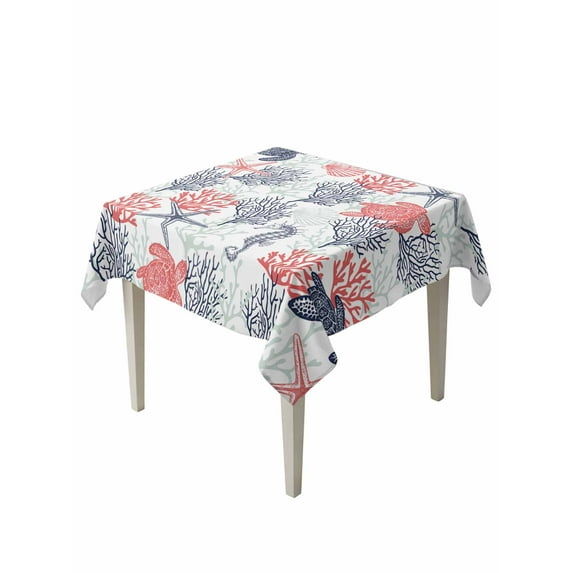 Blue Red Coastal Table Cloth, Sea Turtle Nautical Coral Summer Beach Waterproof Tablecloth for Square Tables, Reusable Washable Fabric Table Cover for Restaurant Kitchen Dining Tables 60"x60"