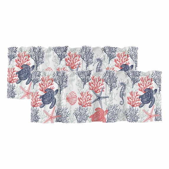 Blue Red Coastal Valances for Windows, Sea Turtle Nautical Coral Summer Beach Light Filtering Kitchen Curtains, Rod Pocket Window Valance Curtains for Living Room Bedroom, 60" W x 18" L, 2 Panels