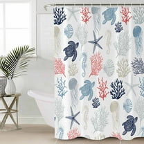 Blue Red Coastal Waterproof Fabric Shower Curtain, Nautical Summer Beach Coral Sea Turtle Shower Curtain for Bathroom Curtains Bathtubs Hotel Washable Shower Curtains with 12 Hooks Small 36x72in