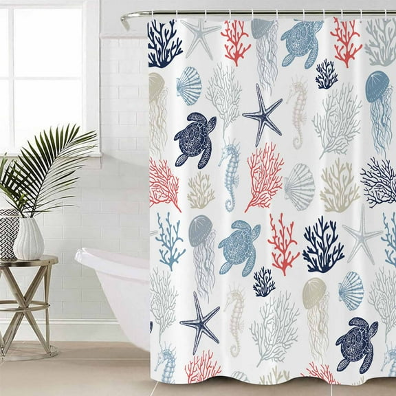 Blue Red Coastal Waterproof Fabric Shower Curtain, Nautical Summer Beach Coral Sea Turtle Shower Curtain for Bathroom Curtains Bathtubs Hotel Washable Shower Curtains with 12 Hooks Small 36x72in