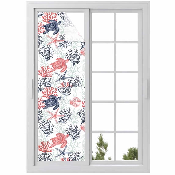 Blue Red Coastal Window Privacy Film, Sea Turtle Nautical Coral Summer Beach Static Cling UV Sun Blocking Heat Control Window Tint, Non-Adhesive One Way Windows Privacy Cover 17.7''x78.7''