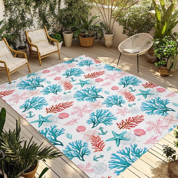Blue Red Coral Outdoor Rug for Patio/Deck/Porch, Non-Slip Large Area Rug 4 x 6 Ft, Coastal Nautical Summer Beach Indoor Outdoor Rugs Washable Area Rugs, Reversible Camping Rug Carpet Runner