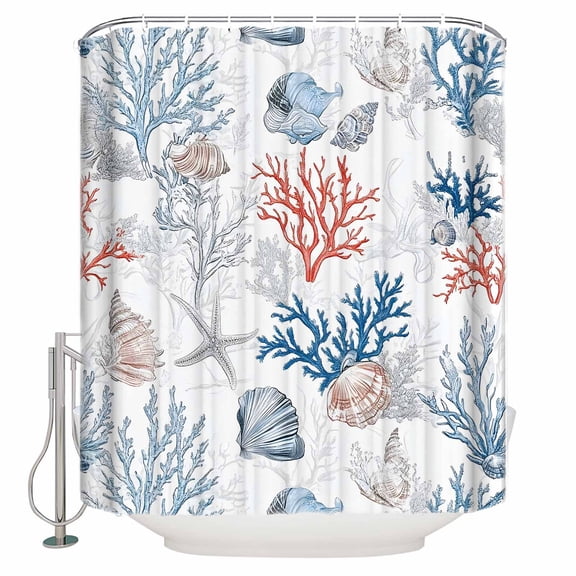 Blue Red Coral Shower Curtains for Bathroom Waterproof Fabric Bath Curtains Decor Bath Tub Curtain Coastal Shell Starfish Ocean Decorative Shower Curtain Sets with 12 Hooks, 72x72 Inch