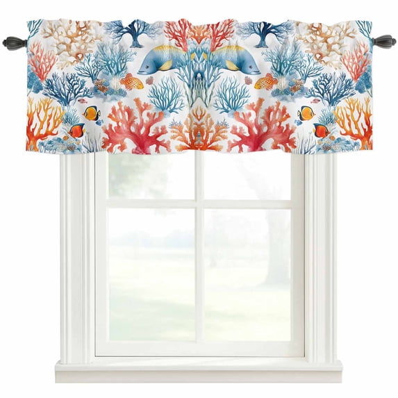 Blue Red Coral Window Valance Curtain Fish Shell Starfish Rod Pocket Short Curtain for Living Room, Bedroom & Kitchen Window Decor 54x18in