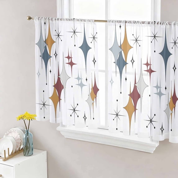 Blue Red Diamond Sheer Curtains 54 Inch Length 2 Panels Set Window Treatments, Modern Geometric Middle Century Rod Pocket Semi Curtains for Living Room/Bedroom/Kitchen Décor, 104"W x 54"L