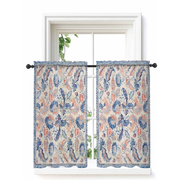 Blue Red Ethnic Curtains 54 Inch Length,Sheer Curtains for Bedroom Living Room Window Vintage Modern Geometric Abstract Art Rod Pocket Drapes Kitchen Curtains Small Half Window 52"x54" 2 Panels