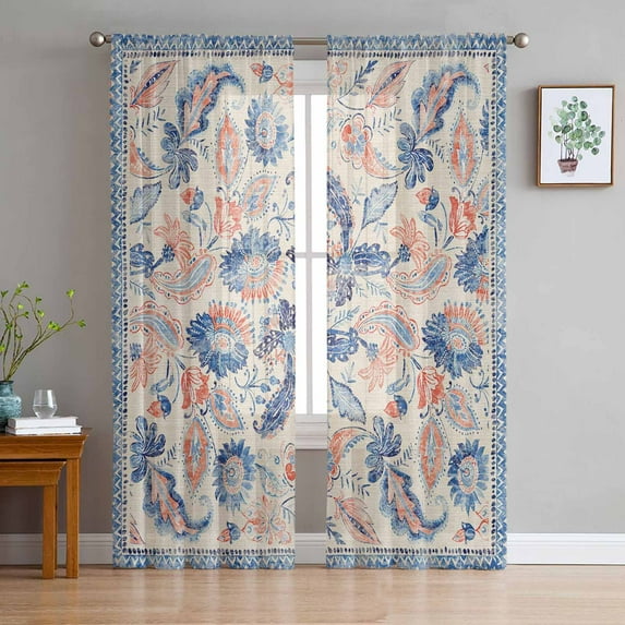 Blue Red Ethnic Semi Sheer Curtains 63 Inch Length 2 Panels Set, Vintage Modern Geometric Abstract Art Sheer Kitchen Curtain Privacy Voile Window Curtain for Living Room Bedroom Rod Pocket Drapes