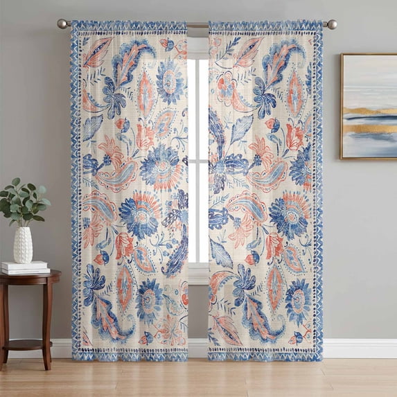 Blue Red Ethnic Sheer Curtains 72 Inch Length 2 Panels Set, Vintage Modern Geometric Abstract Art Voile Window Treatment Rod Pocket Curtains Sheers Drapes for Bedroom/Living Room/Kitchen 52"x72"x2