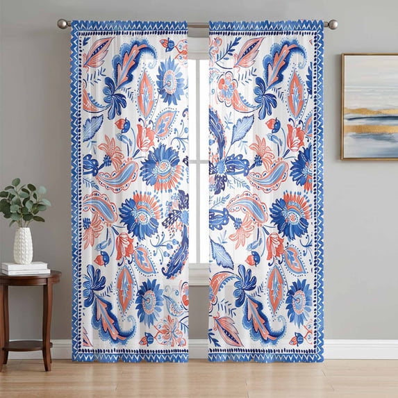 Blue Red Ethnic Sheer Curtains 96 Inch Length 2 Panels Set, Boho Modern Geometric Abstract Art Voile Window Treatment Semi Sheer Long Curtains Drapes for Bedroom/Living Room/Kitchen 52"x96"x2