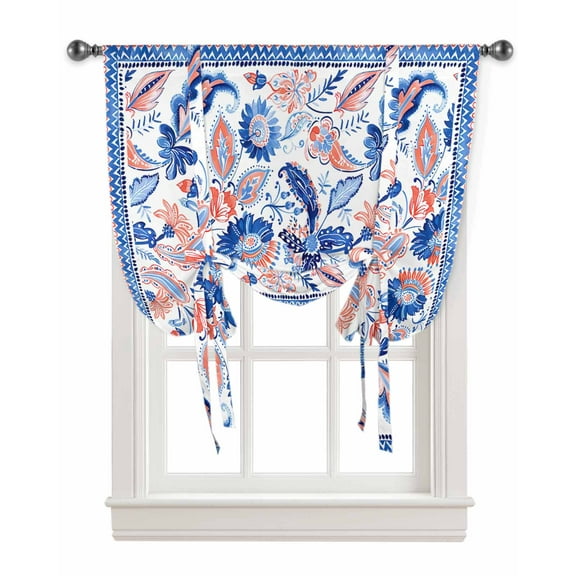 Blue Red Ethnic Tie Up Curtains for Kitchen Bathroom Bedroom Windows 63 Inch Length, Boho Modern Geometric Abstract Art Balloon Drape Curtains Shade Rod Pocket Drapery Curtain Panel, 46"x63"