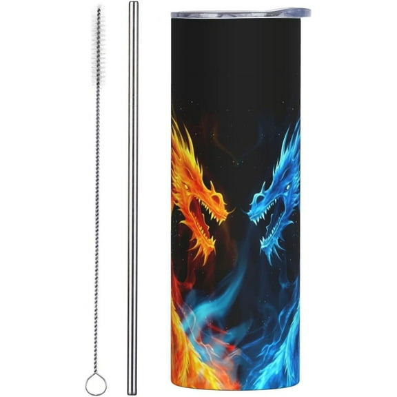 Blue Red Fiery Dragon Stainless Steel Insulated Tumbler 20 OZ, Coffee Mug Cup with Splash-Proof Lid and Straw for Men Women Lovers Gifts