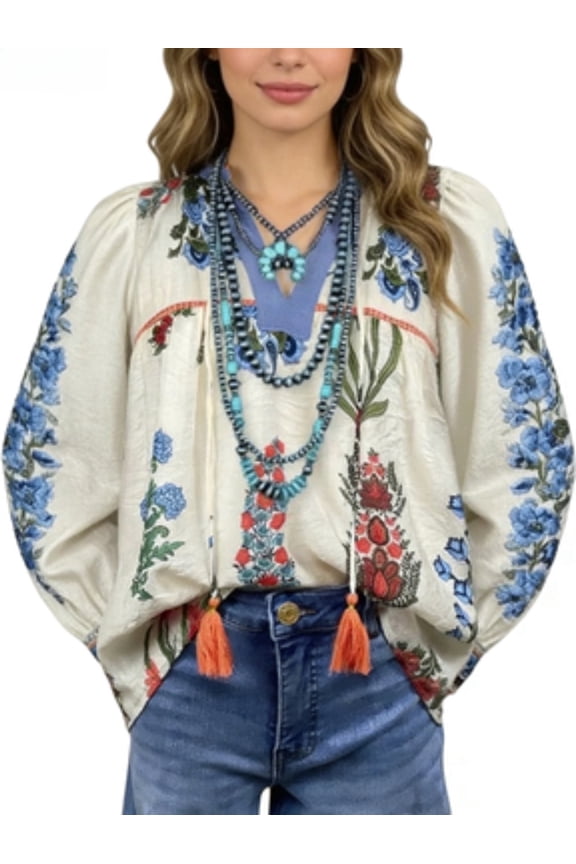 Floral Embroidered Tassel Trim Balloon Sleeve Blouse (Women's)