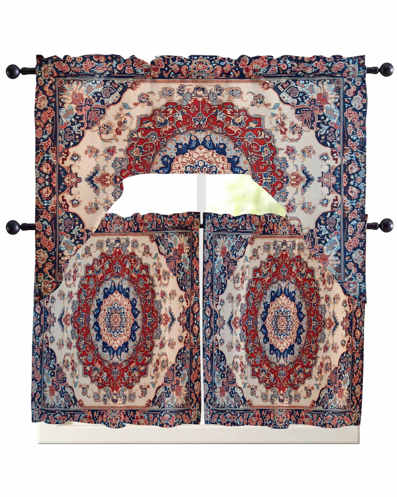 Blue Red Floral Swag Valance and Tier Curtains Set Ethnic Oriental ...