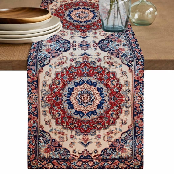 Blue Red Floral Table Runner, Ethnic Oriental Cotton Linen Kitchen Table Decoration Washable Dining Tabletop Runners for Home Party Decor 18x72 Inches
