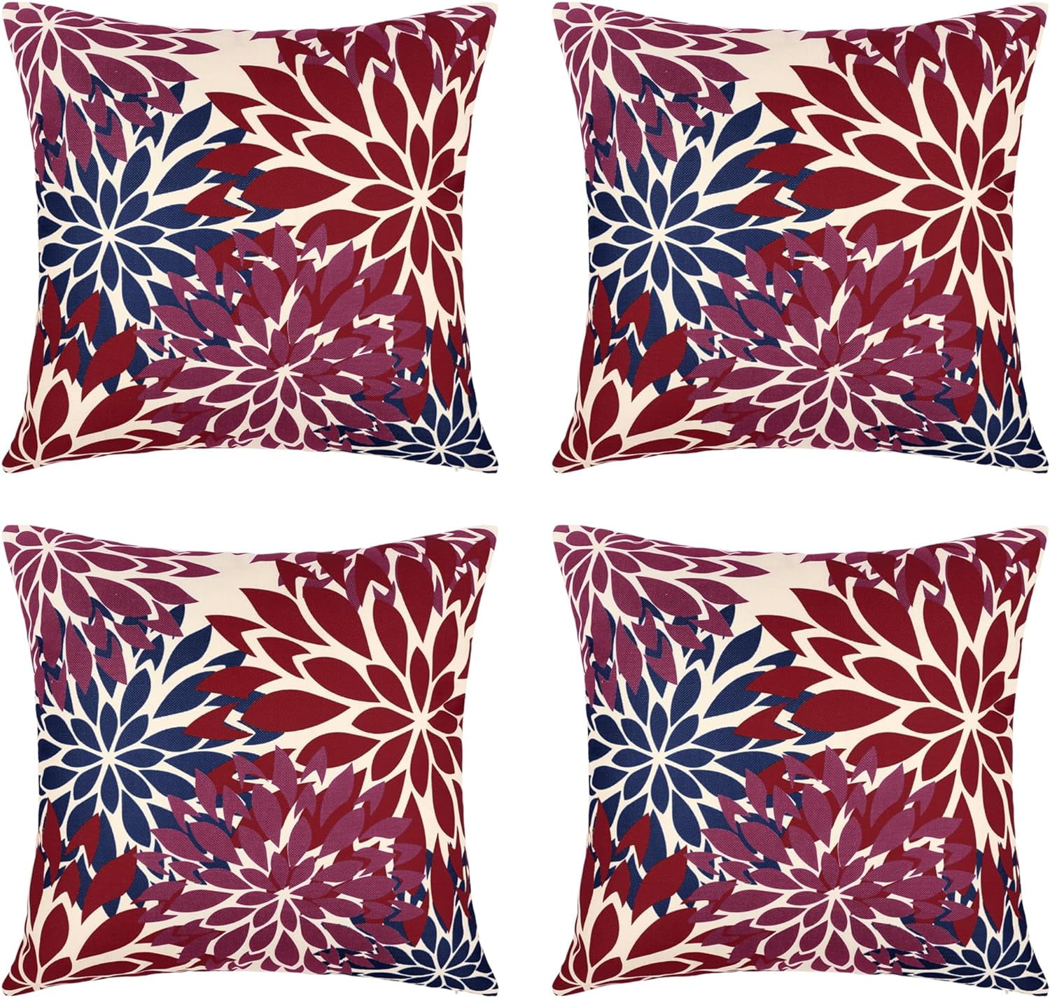 Blue and Red Floral Throw Pillow Covers 18x18 inch Set of 4 Outdoor and Indoor Farmhouse Decorative Linen Pillow Cover - Waterproof Pillow Covers for Patio Garden Living Room Bed Sofa