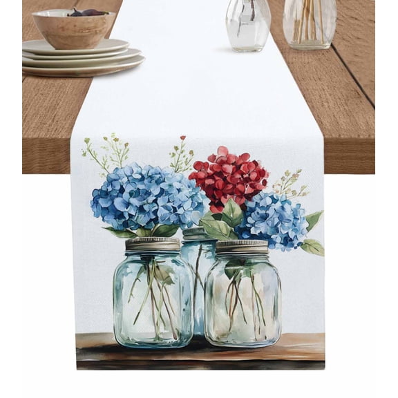 Blue Red Flower Table Runner Cotton Linen 36 Inch Holiday Dresser Scarves, Bottle Floral Farm Botanicals Blossoming Tablerunner for Kitchen Coffee Dining Bedroom Dinner Scarf Décor 13''x36''