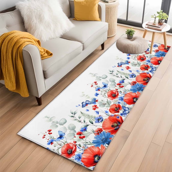 Blue Red Flowers 2'x6' Runner Rug, Elegant Spring Floral Butterfly Watercolor Washable Non-Slip Area Rugs for Hallway Kitchen Floor Bedroom Entryway, Laundry Carpet Decoration Indoor Mat