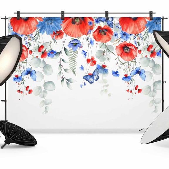 Blue Red Flowers Backdrop for Photography,Fabric Photo Background Backdrop,Elegant Spring Floral Butterfly Pastoral Photo Booth Background for Portrait Photoshoot Video Wedding Studio Banner 10x8ft