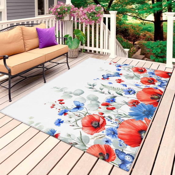 Blue Red Flowers Outdoor Rug 5x7 Ft, Non Slip Washable Area Rug, Elegant Spring Floral Butterfly Watercolor Patio Rugs Carpet Runner, Large Floor Mat for Indoor/Outdoor Deck Porch Camping