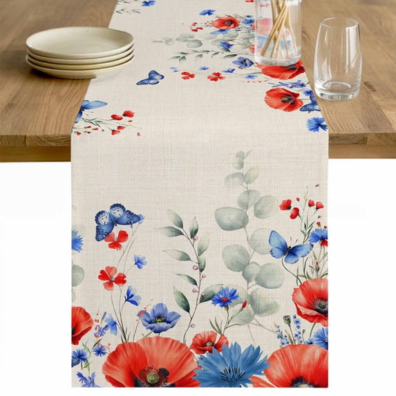 Blue Red Flowers Table Runner - 108 Inch Long Elegant Spring Floral ...