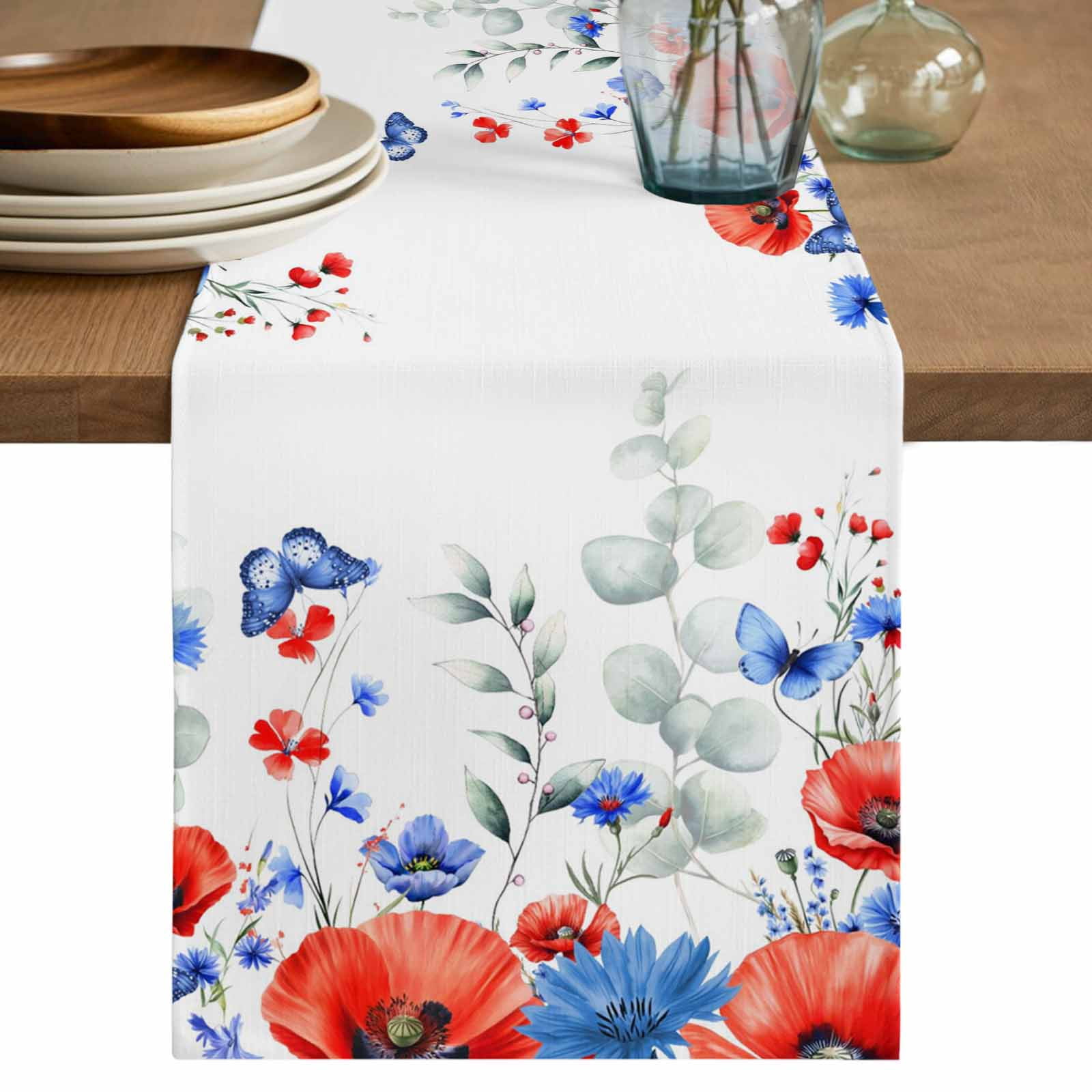 Blue Red Flowers Table Runner, Elegant Spring Floral Butterfly Pastoral Washable Cotton Linen Table Runners 90 Inches Long, Dresser Scarf Runner for Dining/Coffee/Kitchen/Hallway Tables 13''x90''