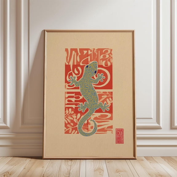 Blue Red Gecko Poster Asian Woodblock Lizard Illustration Folk Animal Wall Art