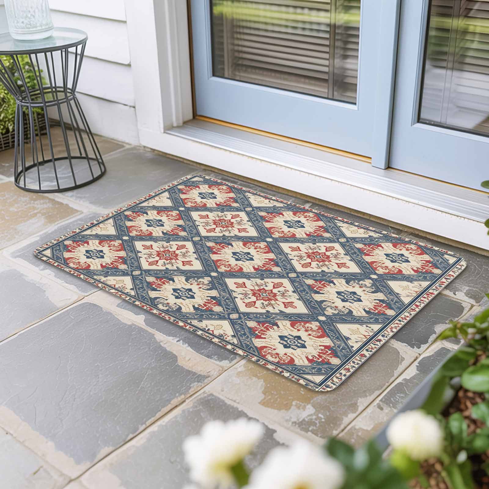 Blue Red Geometric Door Mat Indoor Outdoor, Vintage Southwest Ethnic ...
