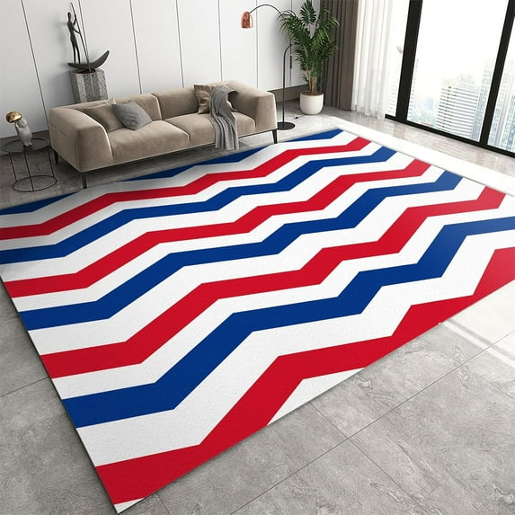 Blue and Red Geometric Stripes Area Rug, Abstract Distorted Water Ripple Art Indoor Rugs, Anti-Slip Backing Washable Indoor Carpet for Living Room Bedroom Dining Room 5' x 8'