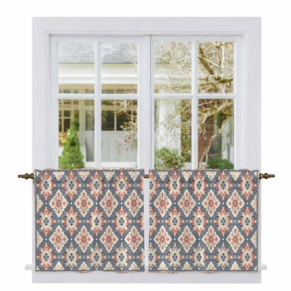 Blue Red Geometric Tier Curtains, Vintage Southwest Ethnic Modern Light Filtering Kitchen Curtains, 2Pcs Rod Pocket Half Window Treatments Panels for Sink Cafe Cabinet Camper 27.5x24 Inches