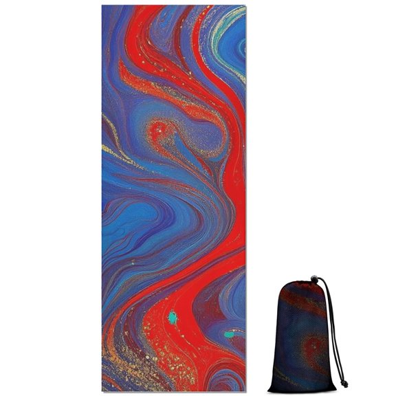 Blue Red Gold Marble Pattern Hot Yoga Mat Towel Non Slip for Hot Yoga - Quick-Drying Yoga Mat Cover with 4 Corner Pockets with Travel Bag - Hot Yoga Towel Non Slip 74"x26"