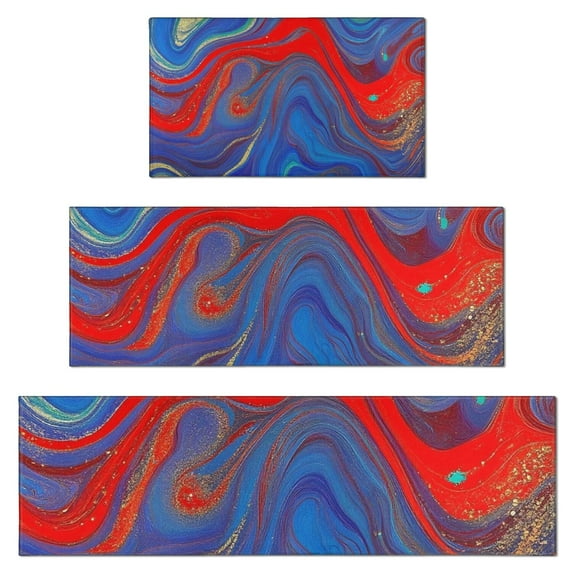Blue Red Gold Marble Pattern Kitchen Rugs Sets Of 3,Kitchen Runner Rugs Non Skid Washable,Decorative Kitchen Floor Mats for Kitchen,Sink,Laundry,17"x30"+ 17"x47" + 17"x59"