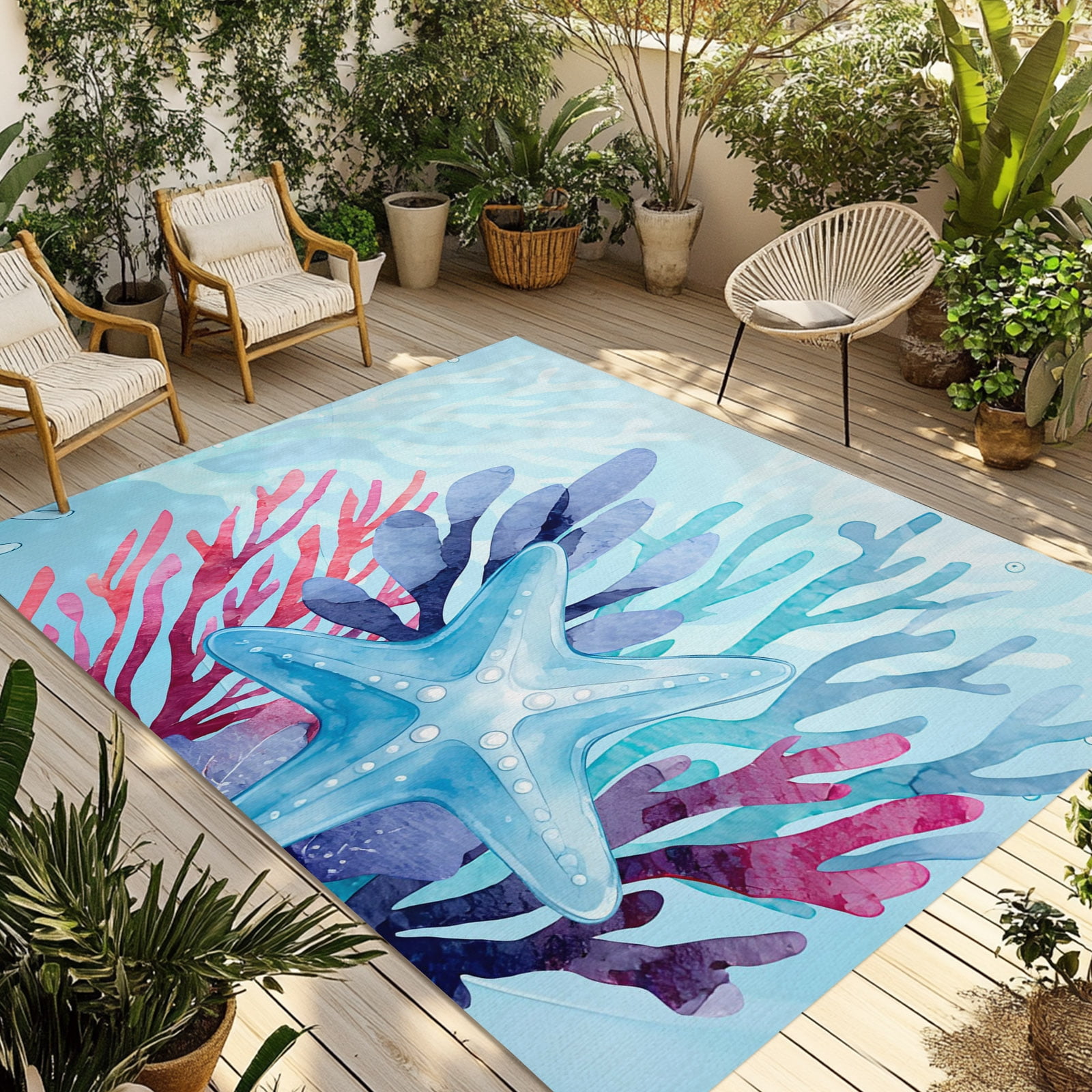 Blue Red Gradient Starfish Coral Outdoor Rug, Watercolor Ocean Coastal ...