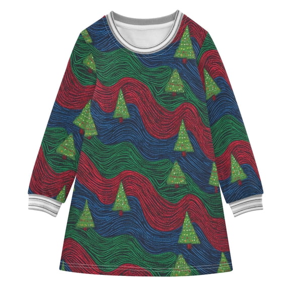 Blue Red Green Wave Christmas Trees Long-sleeved Dress A-line One-Piece Dress for 2-8 Years Casual Party 7-8Y