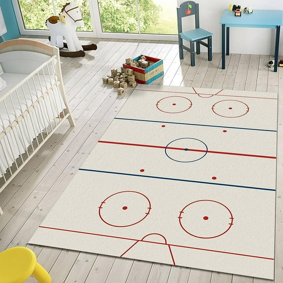 Blue Red Ice Hockey Rink Area Rug, Curling Enthusiasts Indoor Non-Slip Kids Rugs, With Anti-Slip Backing Washable Carpet For Living Room Bedroom Study Dining Room