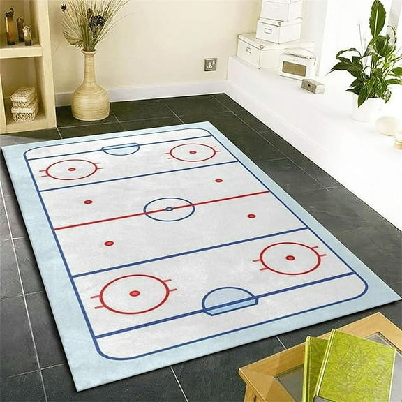 Blue Red Ice Hockey Rink Kids Rug, Sports Field Indoor Area Rugs, With Non-Slip Backing Flannel Thin Rug, Washable Non-Slip Carpets For Boys Girls Bedroom Nursery 4 x 5ft