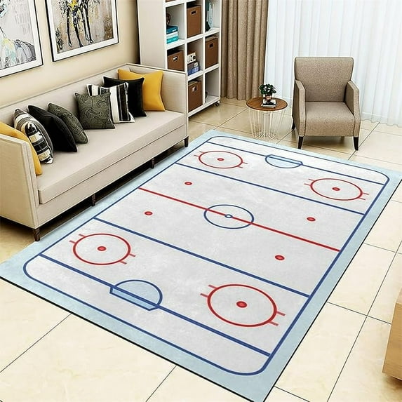 Blue Red Ice Hockey Rink Kids Rug, Sports Field Indoor Area Rugs, With Non-Slip Backing Thin Rug, Washable Non-Slip Carpets For Boys Girls Bedroom Nursery 4' x 5'