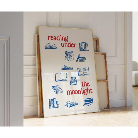 Blue Red Illustration Reading Under Moonlight Book Worm Wall Picture, Unframed Paper Poster 8x10in